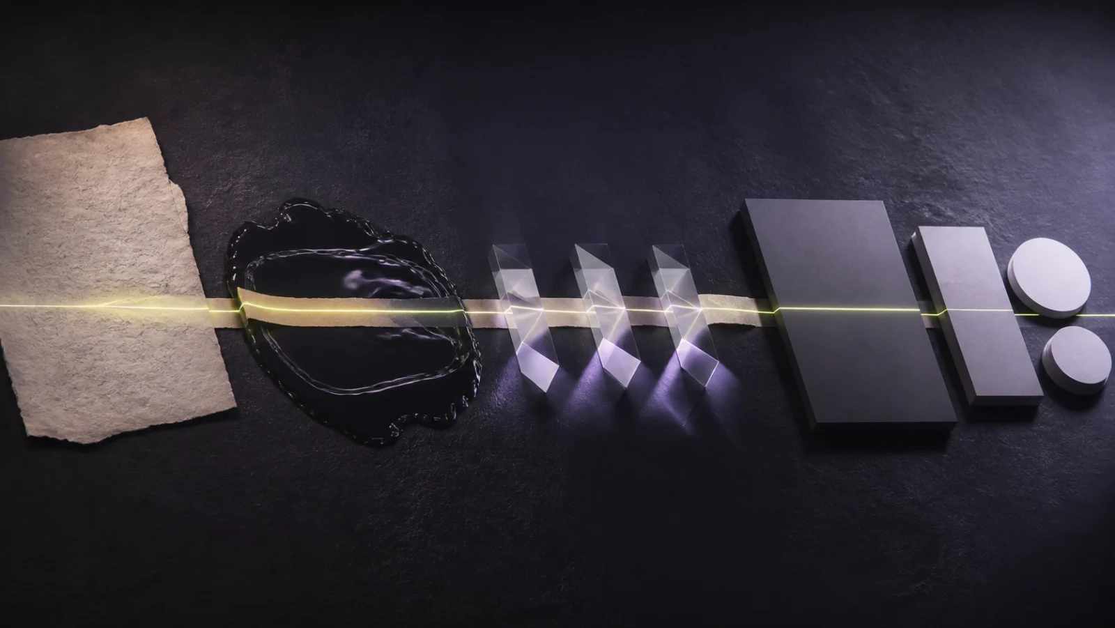 A continuous paper path moving through a black mirror and prisms into finished campaign forms