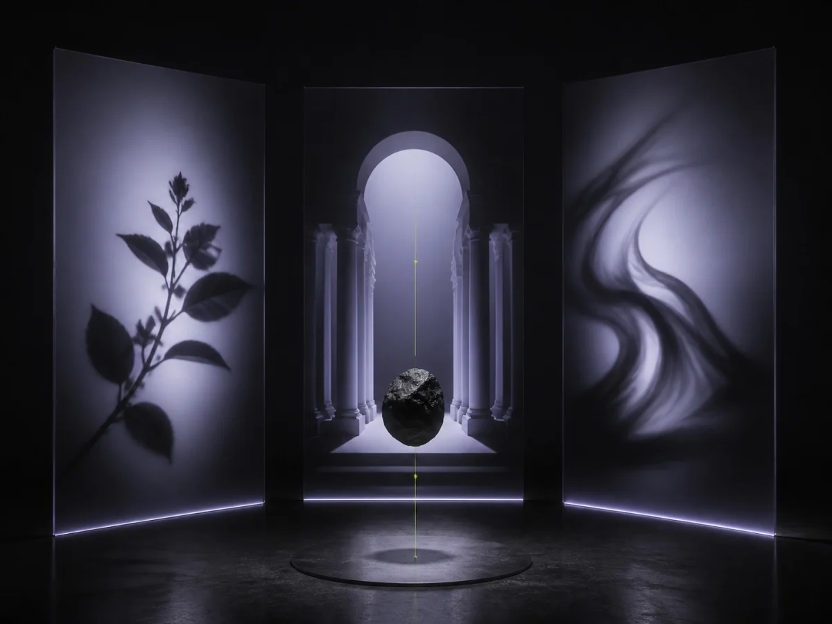 One black seed projecting three distinct visual territories